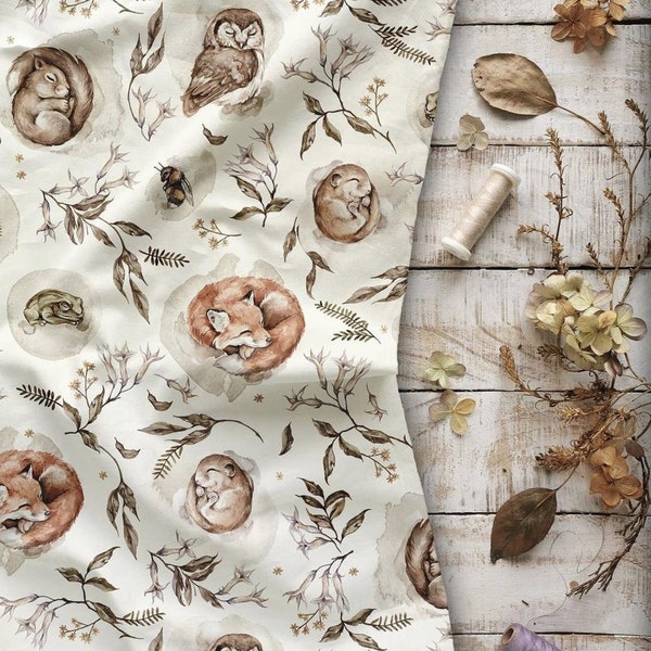 Woodland Animal  Fabric,Premium Cotton Fabric,Forest Cotton Fabric,Forest Animal Fabric,Owl Rabbit  Fox Fabric,Sleep animal,Width 155cm /61"