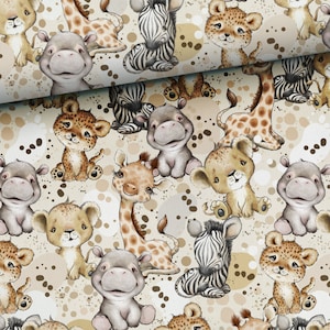 Tessuto in maglia di cotone con animali africani, tessuto in maglia di cotone per neonati, tessuto in maglia con stampa digitale, tessuto per neonati