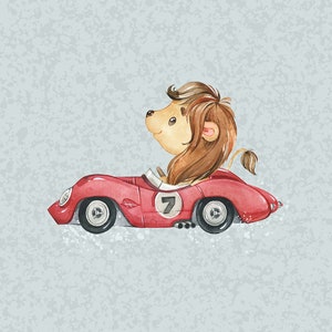 May include: Watercolor illustration of a cartoon lion driving a red vintage race car. The car has the number 7 on the side. The lion has a brown mane and tail. The background is a light blue textured surface.