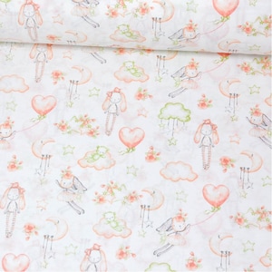 Sweet Bunny SALE Cotton Fabric, Heart Clouds Stars Quilting Print Fabric,Rabbit  Fabric,  Fabrics by the Yard-Half Yard
