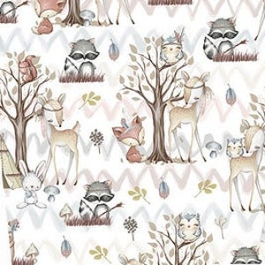 May include: A white hooded sweatshirt with a grey background and a woodland animal print featuring a squirrel, deer, fox, and raccoon. The print is in shades of brown, pink, and grey.