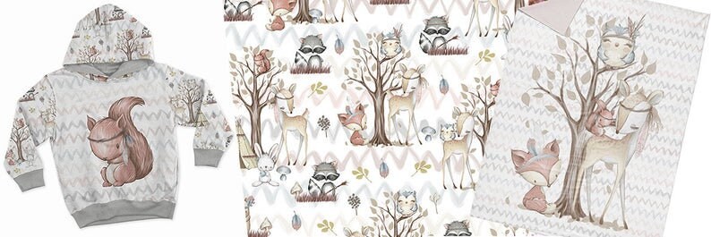May include: A white hooded sweatshirt with a grey background and a woodland animal print featuring a squirrel, deer, fox, and raccoon. The print is in shades of brown, pink, and grey.