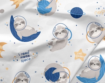 Tela de algodón premium con estampado de perezosos/Animal lindo/Astronauta Planeta Cielo Tela espacial/Tela de guardería para bebés Media yarda/medio metro Ancho 155 cm/61"