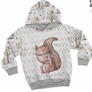 May include: A gray hooded sweatshirt with a white and brown woodland animal print. The print features a squirrel with a feather headband and a chevron pattern.