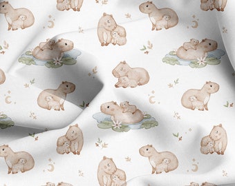 Capybara Premium Cotton Fabric-Guinea Pig Cavy Fabric-Eco Friendly Cotton Fabric-Cute Animal Digital Print Fabric-Baby Nursery Fabric