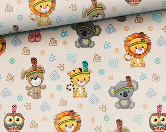 May include: A seamless pattern featuring various animals wearing headdresses with feathers. The animals include a lion, a tiger, a koala, a dog, and an owl. The background is a light beige with brown and blue swirls.