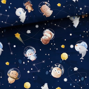 Galaxy Planet Space Astronauts Premium Cotton Fabric-Penguin Owl Dolphin animal-Navy blue fabric-Stars fabric Quilting/sewing