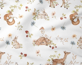 Jersey Stoff, Tier Jersey Stoff, Waldfreunde, Waldtiere Stoff, Animal Modern Kinderzimmer, Baby Nähen Stoff, Halb meter