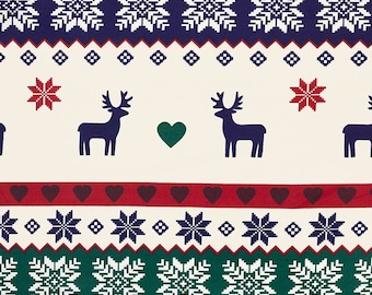 May include: A white fabric with a repeating pattern of red, green, and blue snowflakes, hearts, and reindeer. The fabric has a traditional Scandinavian Christmas design.