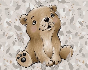 Bear Knitwear Panel,Printed Fabric Panel,Forest Animal Jersey Panel,Panel for sewing,Baby quilt panel,Size 40x50 cm/ 15x19 in