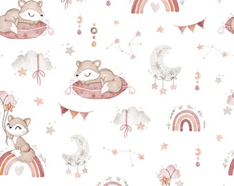 Tissu renard aquarelle rose arc-en-ciel au mètre en coton OEKO-TEX, tissu renard, courtepointe bohème en coton à coudre, nuages arc-en-ciel, croissants d'étoiles