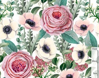 Tela de algodón prémium con acuarela de 80 cm/31 pulgadas, tela estampada 100 % algodón, tela con flores, flores vintage, prados y jardines