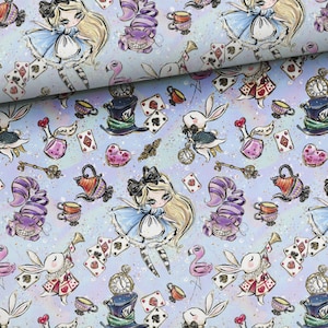 Alicja w Krainie Czarów Wysokiej Jakości Tkanina Bawełniana, Cheshire Cat Premium Tkanina Bawełniana, Ekologiczna Tkanina Bawełniana