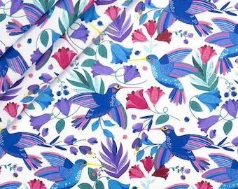 Tropical Birds Cotton Fabric/ Tropical Flower Modern Nursery/Floral Sewing Quilting Fabric/Purple Fabric/Leaves Fabric