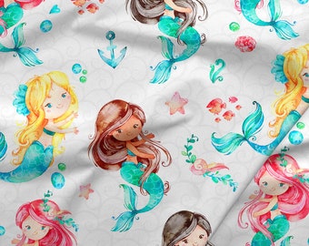 Mermaid Print Premium Cotton Fabric,Watercolor fabric,Baby nursery fabric,Sea Girl fabric,Eco friendly cotton,Cotton by the yard