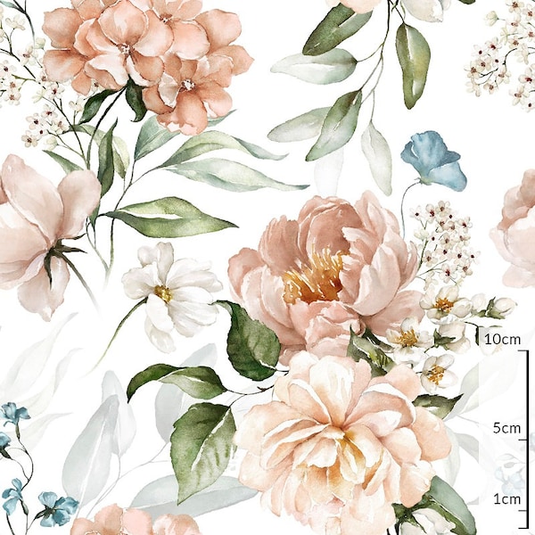 Peonies and hydrangeas,Watercolor Flower Fabric,Vintage Floral,Pastel Peonies Fabric by metre 100% cotton,Quilting,sewing Width 160cm/ 63 in