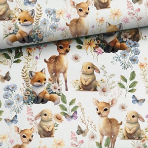Forest Friends Premium Cotton Fabric,Animal  Fabric,Forest Animal ,Woodland Fabric,Bambi Bunny Modern Nursery,fabric width:155 cm /61 in