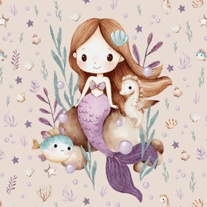 Mermaid Jersey Fabric Fabric Panel-Undersea Knitwear Panel-Jersey Fabric Panel for Sewing-Baby quilt Panel Size 40x50 cm/ 15x19 in