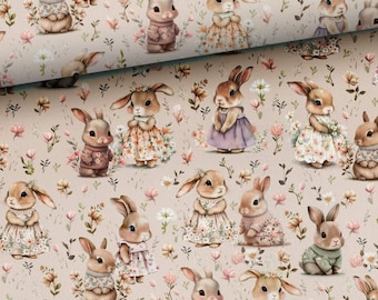 Tissu en coton de qualité supérieure avec lapin - Tissu à fleurs doux - Animaux mignons en tissu de haute qualité - Tissu imprimé numérique avec lapin - Chambre de bébé