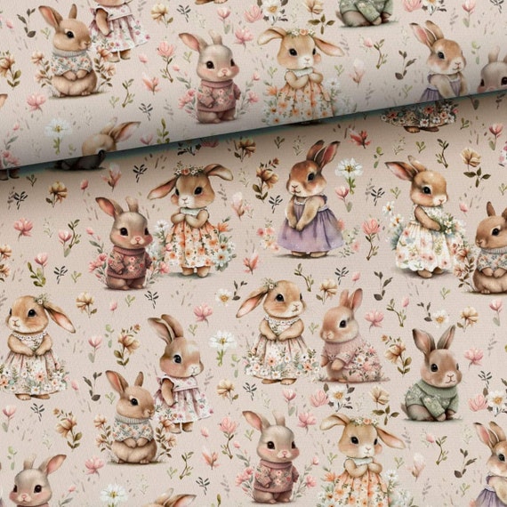 Bunny Premium Cotton Fabric-Flower fabric-Sweet Bunnies in flowers-Cute Animal High Quality Fabric-Bunny Digital Print Fabric-Baby Nursery