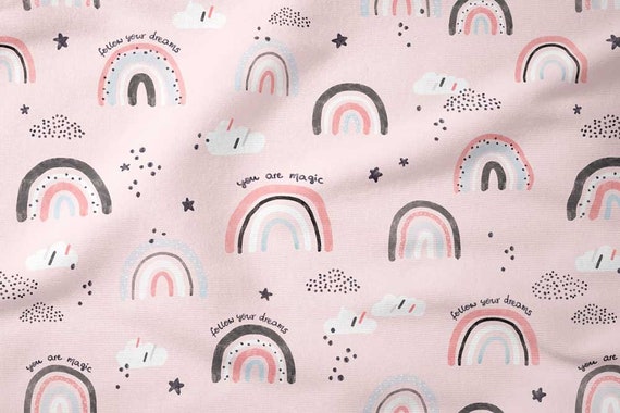 French Terry Fabric,Clouds Fabric, Rainbow Clouds Fabric Half yarde/half metre