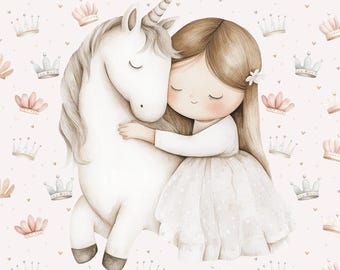 Princess with Unicorn Jersey Fabric Fabric Panel-Girl Knitwear Panel-Jersey Fabric Panel for Sewing-Baby quilt Panel Size 40x50 cm/ 15x19 in