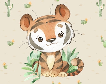 Tiger  Jersey Fabric,Jersey Panel,Panel for sewing,African savanna jungle animal,Baby Animal, Size 40x50 cm/ 15x19 in