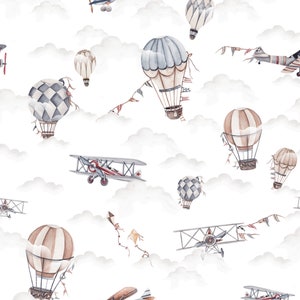 Tessuto di cotone premium con motivo aereo vintage, tessuto di cotone Sky, tessuto con motivo aereo, motivo con palloncini, tessuto di alta qualità per cameretta dei bambini, larghezza 155 cm/61 pollici