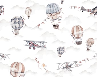 Vintage airplane premium cotton fabric,Sky Cotton Fabric,Airplane Fabric,Balloons pattern,High quality Baby nursery fabric,width 155cm/61 in