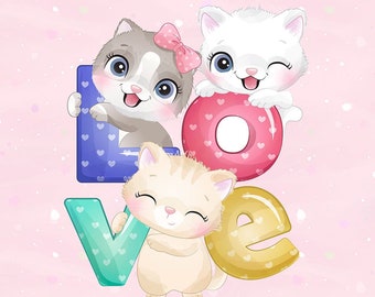 Love Panel for sewing,Jersey Panel,Cat Fabric Panel, Kitten Jersey Panel,Baby Quilt Panel, Cotton Baby Panel,Size 40x50 cm/15x19 in