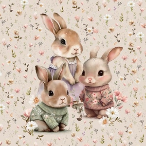 Bunny Knitwear Panel-Buunies Printed Fabric Panel-Forest Animal Jersey Panel for sewing-Baby quilt panel Size 40x50 cm/ 15x19 in