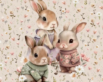 Bunny Knitwear Panel-Buunies Printed Fabric Panel-Forest Animal Jersey Panel for sewing-Baby quilt panel Size 40x50 cm/ 15x19 in