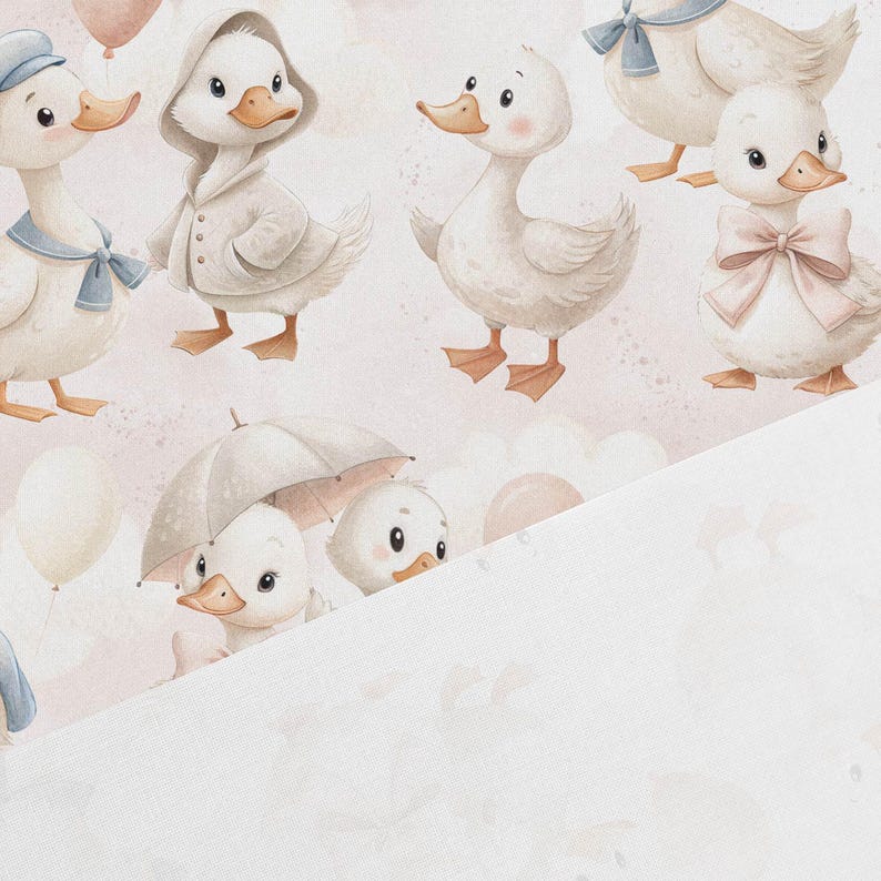 May include: Watercolor illustration featuring adorable white ducklings in various outfits and poses. Some ducklings wear hats, coats, and bows, while others hold umbrellas. The background is a soft pink with clouds and balloons, creating a whimsical nursery theme.