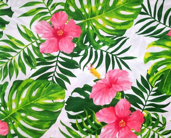 Cotton Fabric Tropical Leaf Print Leaves Fabrichibiscus Etsy