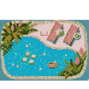 May include: A needlepoint PDF chart featuring a pixelated design of a pool with pink lounge chairs and surrounding greenery. The text "NEEDLEPOINT PDF CHART" is at the top, with "NEEDLE POINT & CROSS STITCH PATTERNS Hand-drawn design" at the bottom.