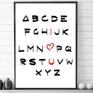 I love You ABC Printable, love Printable Wall Art, Valentines gigt for kids, Alphabet Print, Abc poster, Nursery decor, Playroom decor print
