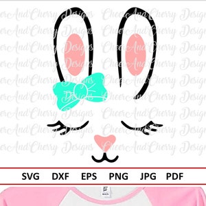 Easter bunny Svg Cute Bunny face Svg Easter Svg files for Cricut Silhouette Svg for Easter Shirt svg for Girl Bunny with bow Svg Dxf clipart image 2