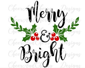 Peut inclure: Un motif de Noël noir et vert avec le texte "Merry & Bright" et des feuilles de houx avec des baies rouges.