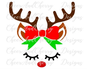 Reindeer Face Svg for Cricut Christmas SVG file for Silhouette Cute Reindeer SVG for girl Reindeer with Bow SVG Shirt Vinyl Deer Svg Dxf Png