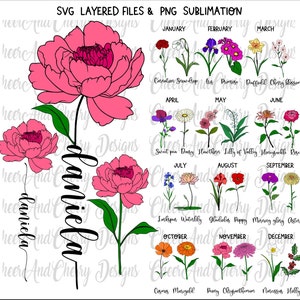 Flor de nascimento SVG PNG Cor da flor de aniversário Svg Flor do mês de nascimento em camadas svg Pacote de flores de nascimento Monograma svg Presente DIY para vovó mamãe