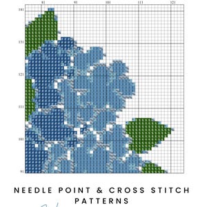 May include: A needlepoint chart with a floral design in shades of blue and green. The chart is on a grid, with the words "NEEDLEPOINT CHART" at the top. The text "NEEDLE POINT & CROSS STITCH PATTERNS" and "Hand-drawn design" are at the bottom.