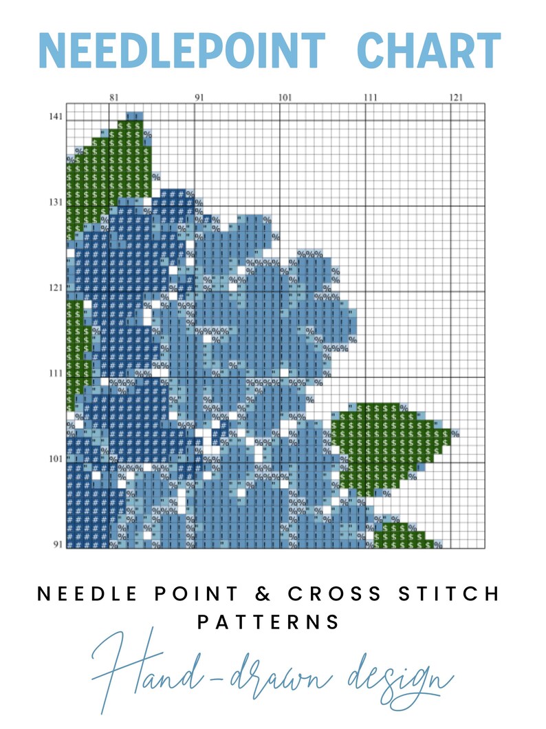 May include: A needlepoint chart with a floral design in shades of blue and green. The chart is on a grid, with the words "NEEDLEPOINT CHART" at the top. The text "NEEDLE POINT & CROSS STITCH PATTERNS" and "Hand-drawn design" are at the bottom.