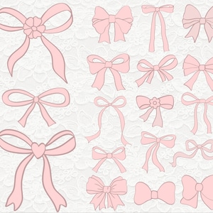 May include: A collection of 18 pink ribbon bows in various styles and sizes. Some bows have a heart or flower in the center.