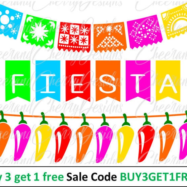50% OFF SALE Party banner clipart Cinco de mayo download Fiesta banner printable bunting SVG Papel picado art Silhouette Cricut Cut File