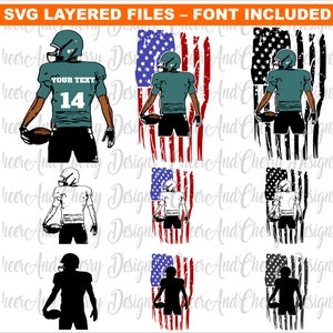 Aangepaste voetbalspeler SVG bundel voetbal SVG gratis lettertype voetbal naam SVG voetbal moeder SVG voetbal vlag SVG gekleurde lagen vector Cricut
