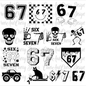 Puede incluir: Una colección de diseños gráficos en blanco y negro con el número 67. Los diseños incluyen un número de estilo universitario, una carita sonriente con un fondo de tablero de ajedrez, una calavera y un esqueleto. También incluye las palabras "SIX" y "SEVEN".
