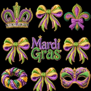 May include: A collection of Mardi Gras themed embroidered designs on a black background. Includes a crown, bows, fleur-de-lis, a mask, a wreath, and the words "Mardi Gras" in purple and green.