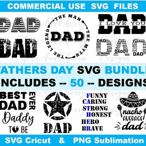 Dia dos Pais Pacote SVG PNG Download - 50 designs, arquivos de corte engraçados do pai, Dadlife svg, sublimação de camisas para presente do marido Projeto DIY Cricut