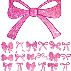May include: A set of 20 pink glitter bow SVG cut files for Cricut.  The bows are in various styles and sizes.  COMMERCIAL USE SVG and PNG.