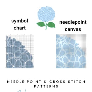 May include: A graphic featuring a blue hydrangea illustration with the text "Needlepoint Chart." It includes a symbol chart and needlepoint canvas examples. The design is labeled as "Hand-drawn design" and suitable for needlepoint and cross stitch patterns.